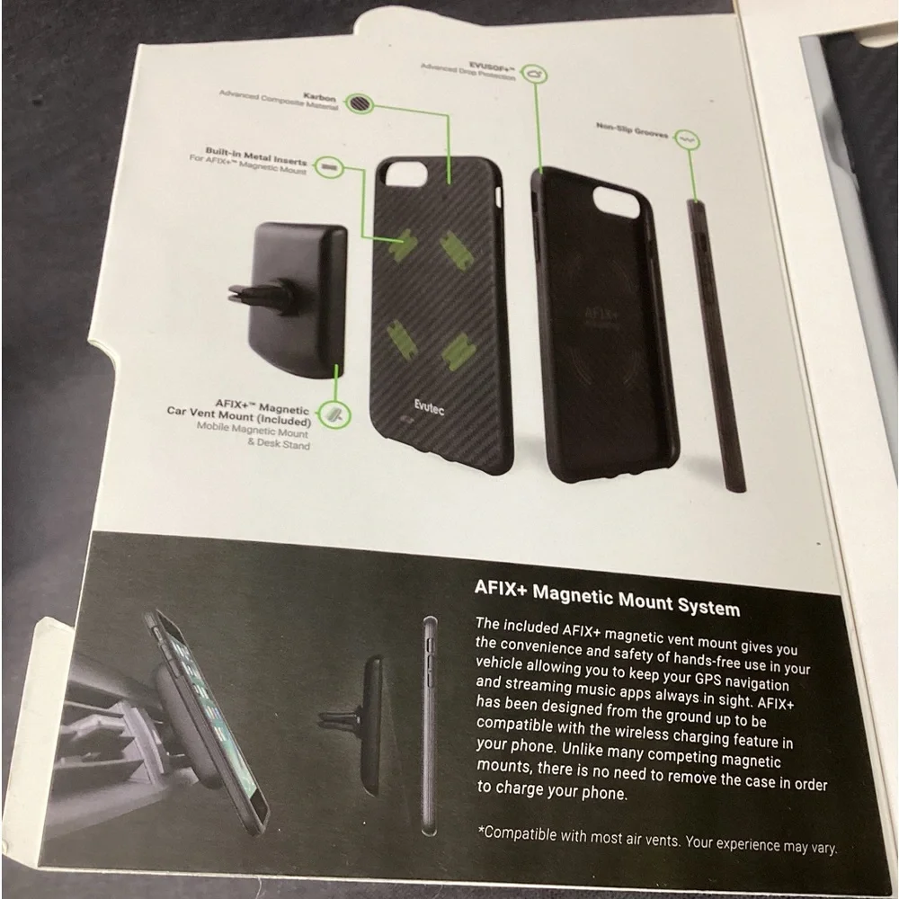 EVUTEC AER SERIES IPHONE 8 PLUS CASE WITH CAR VENT MOUNT COLOR: KARBON BLACK NWT
